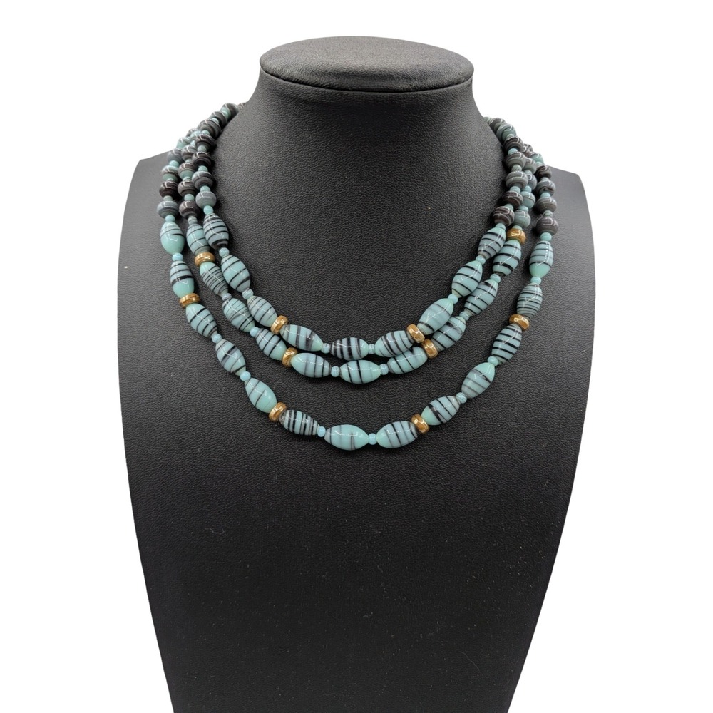 Vintage Japan Triple Strand Blue Swirl Glass Bead Necklace Butterfly Clasp